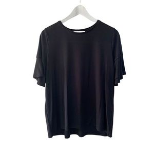 Loft Black Top Size Large Petite Bell Short Sleeves Scoop Neck Rayon Blend